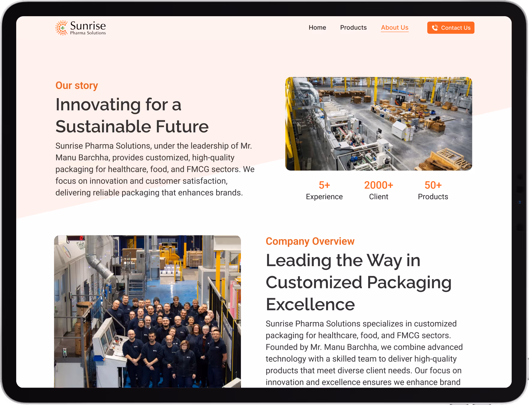 Sunrise Pharma homepage showcasing clean, professional design with soft color palette