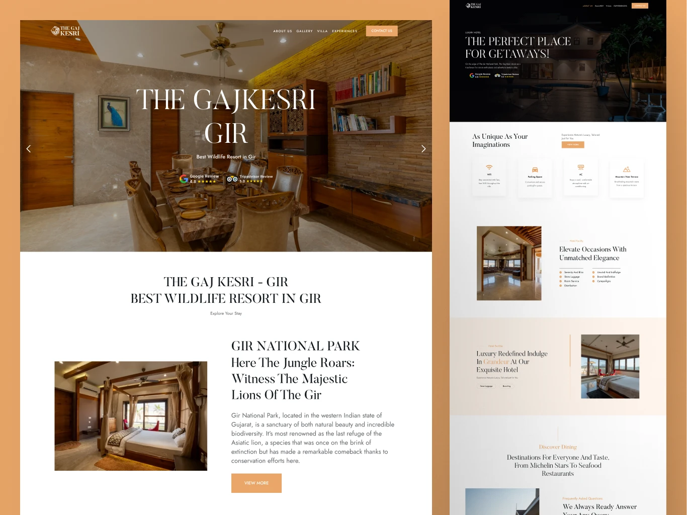 Elegant dining setup with traditional decor and scenic views at The Gaj Kesri Gir