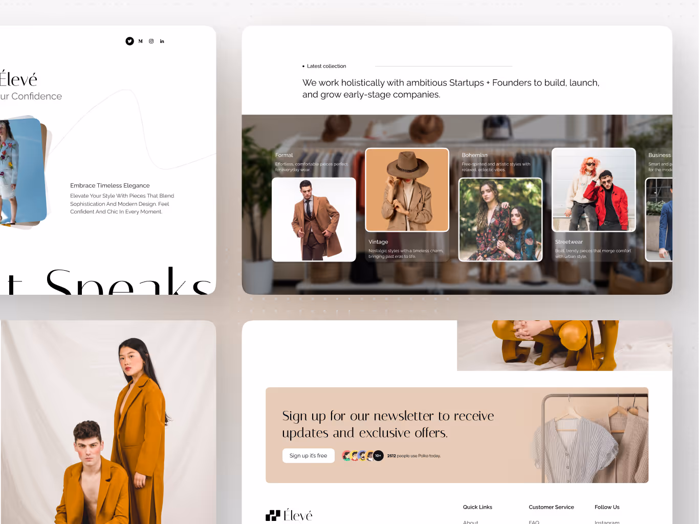 Visual representation of Eleve's curated fashion collections: Modern & Trendy, Formal, Vintage, Bohemian, and Streetwear